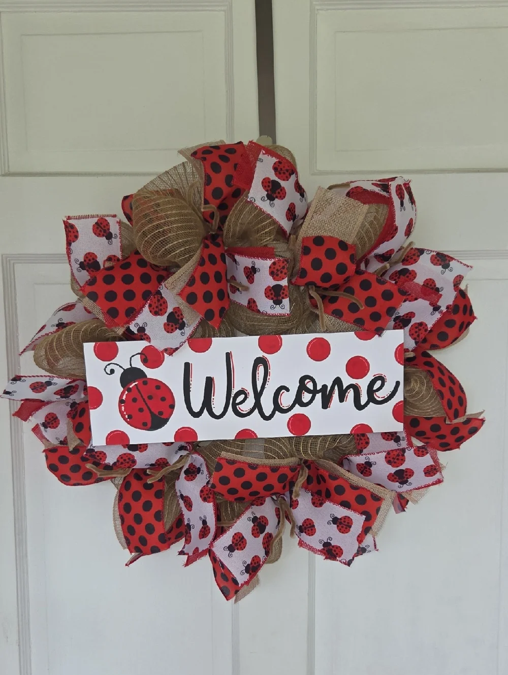 Welcome Ladybug Wreath Burlap Farmhouse Wreath Summer Wreath Ladybug Door Decor
